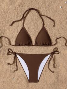 Swim Basics 2025 Solid Color Halter Twist Back Split Bikini Swimwear Set - Brown - View 3