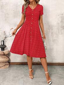 SHEIN Clasi Plus Size Summer Casual Heart Print Button Front Dress - Red - View 5