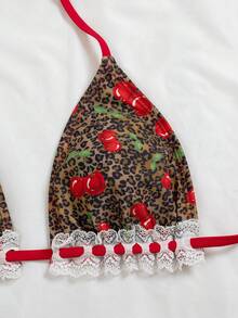 Swim Mod 2pcs/Set Funny Beach Vacation Leopard Print & Fruit Pattern Lace-Up Halter Top + Leopard Print & Fruit Pattern Lace-Up Waist Pants, Hot Selling Spring/Summer,Weddings & Events, Lace Trim Bikini, Cherry Print Bikini,Valentine's Day - Multicolor - View 5