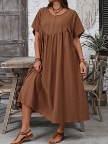 SHEIN CURVE+ Curve 加大码 US22 音乐节、海滨度假、波西米亚风 CURVE PLUS // 纯色简约日常圆领短袖连衣裙 棕色连衣裙 咖啡棕色连衣裙 大地色棉质连衣裙 - 棕色 - 查看 3