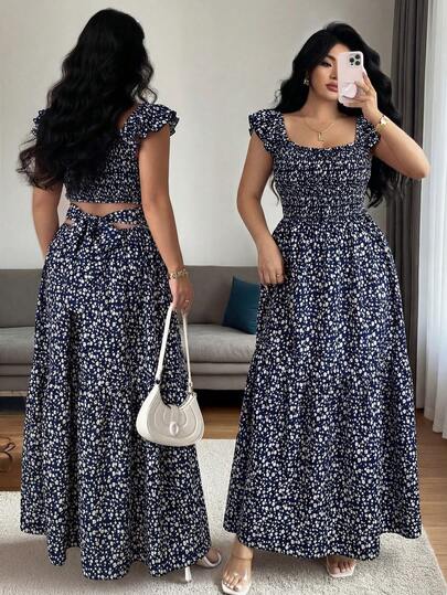 Elenzga Plus Size Women's French Style Casual Elegant Ditsy Floral Sleeveless Slip Dress Tall Two Piece Set Modest Two Piece Set Maxi Skirt Two Piece Set Navy Blue Maxi Dress Two Piece Set Women Dress Two Piece Maxi Dress Navy Blue Two Piece Set