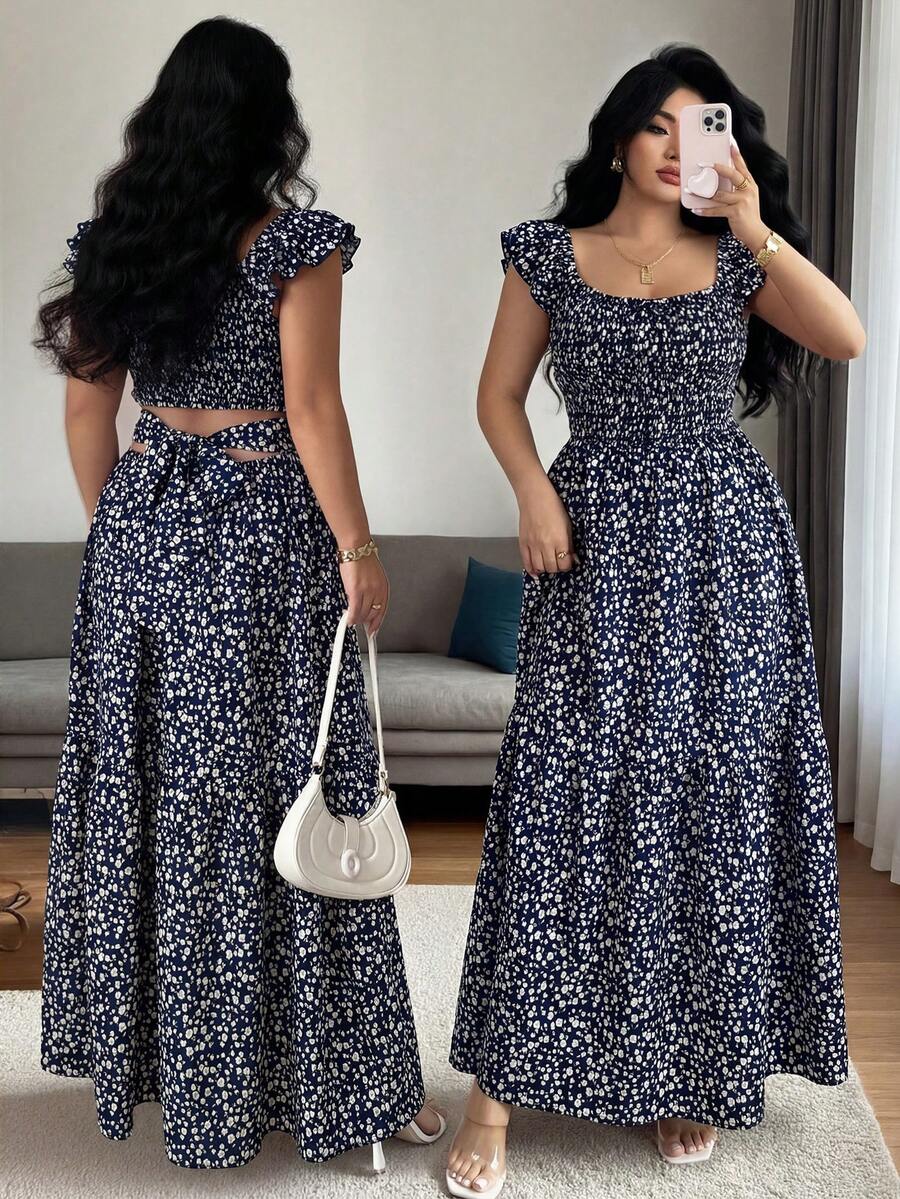 Elenzga Đầm slip không tay kiểu Pháp thanh lịch, thoải mái dành cho nữ cỡ lớn, họa tiết hoa nhí. - Màu xanh hải quân - Xem 1