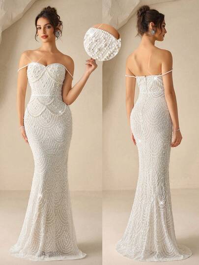 Coutiva Is This An Elegant Fan-Shaped Sequined Pearl Design, Backless Design, And Mermaid Hem Formal Evening Gown? Suitable For Wedding Guests, Graduation Ceremonies, Music Festivals, Birthday Parties, Back-To-School Parties, And Banquets For Bride Guest Carnival Luxury White Pearl Dress White Mermaid Dress White Sequin Dress Sparkly White Dress Luxury Dress White Formal Evening Gown White Elegant Dresses Civil Wedding Dress Rehearsal Dinner Dress White Women Elegant Luxurious Beaded Strapless Mermaid Gown With Delicate Pearls & Sparkly Sequins - Fish Tail Silhouette With Fan-Shaped Beadwork, Perfect For Red Carpet Galas, Bridal Receptions, And Glamorous Evening Banquets,Summer Holiday Outfits