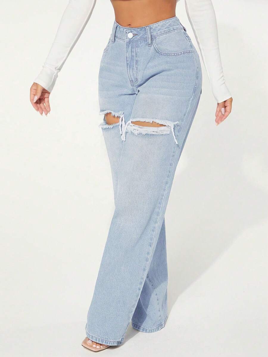 SHEIN SXY 女士休闲水洗做旧直筒牛仔裤 - 淺色水洗藍 - 查看 1