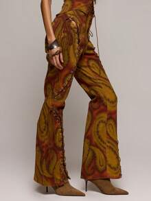 MUSERA Low Rise Abstract Print Lace Up Detail Flared Denim Jeans Spring Summer Sexy Date Night Club Festival Holiday Night Out Vacation Soul Ties - Multicolor - View 3