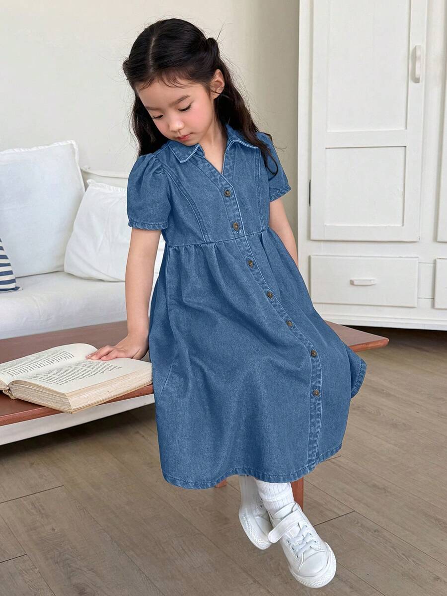 Dazy Kids Girls' Casual Turndown Collar Washed Denim Solid Color Dress, Korean Style Versatile - Blue - View 1