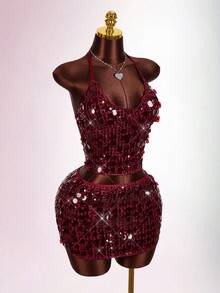 Amplova 2026 New Sequin Sheer Halter Neck Tank Top And Mini Skirt Set For Women - Burgundy - View 7