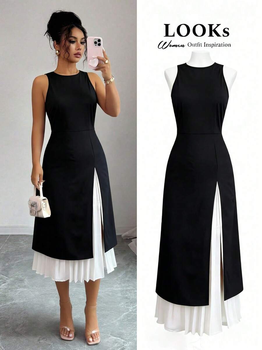 SHEIN Raffinéa Vestido Feminino com Contraste de Cores Preto e Branco, Sem Mangas, Cintura Marcada e Bainha Assimétrica - Preto - Visão 1