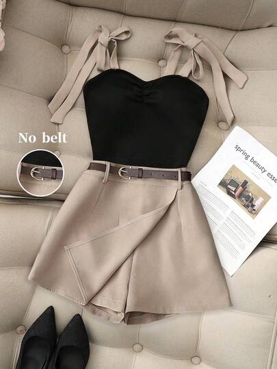 Airaco 夏季新款性感吊带撞色蝴蝶结前褶卡其色连体短裤，女士腰带连体短裤，春夏套装，撞色女士连体裤，夏季服装，适合度假、约会等场合