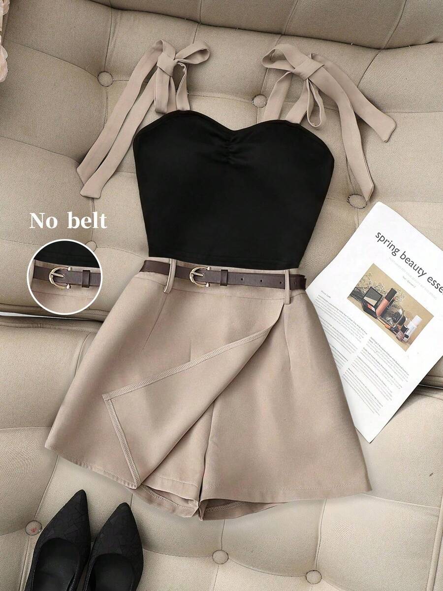 Airaco 夏季新款性感吊带撞色蝴蝶结前褶卡其色连体短裤，女士腰带连体短裤，春夏套装，撞色女士连体裤，夏季服装，适合度假、约会等场合 - 彩色 - 查看 1