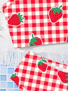 SHEIN Cute Strawberry Pattern, Retro Red & White Plaid, Beach Vacation Style, Young Girls Casual Slim-Fit Camisole & Triangle Bikini Swimsuit Set, Suitable For Summer Chill Vacation, #Coconutgirl - Red and White - View 6