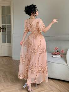 Wynsel 女士优雅亮片V领荷叶边连衣裙，夏季婚礼宾客礼服 - 粉色 - 查看 2