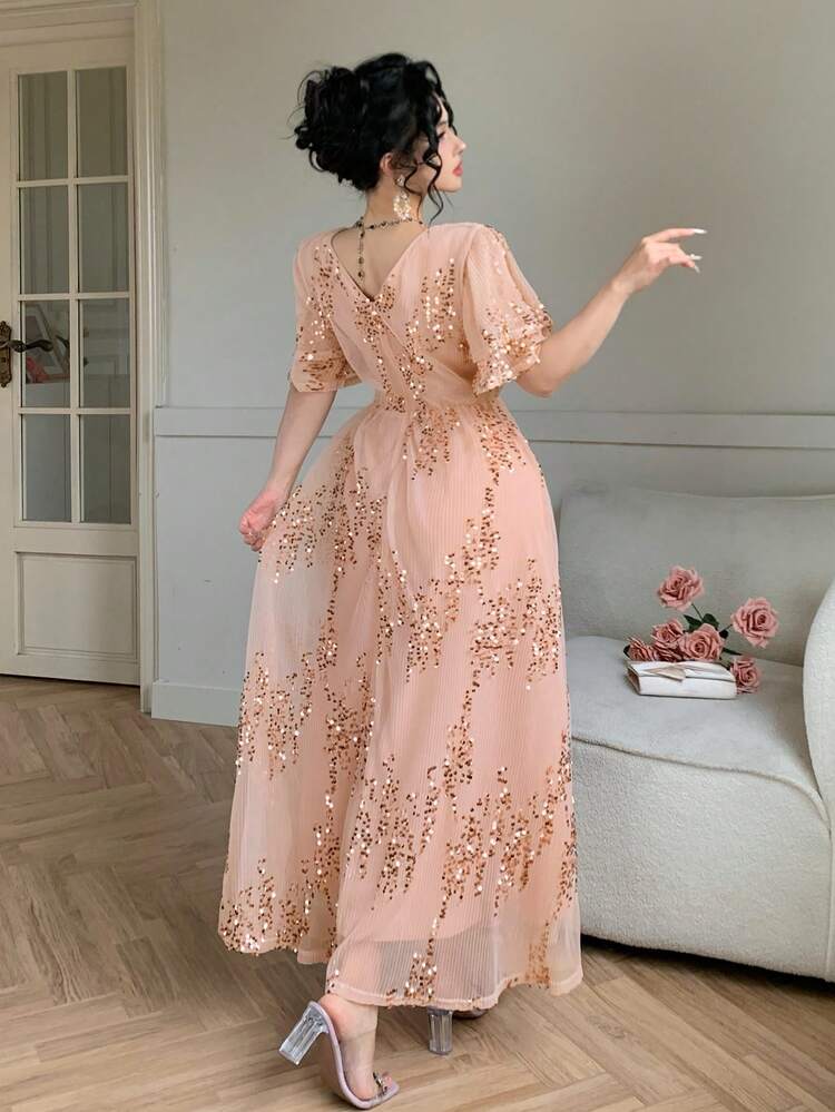 Women's Elegant Sequin V-Neck Ruffle Hem Dress, Summer Wedding Guest Dress Sundress