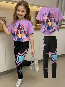 SHEIN 2pcs/Set Young Girl Purple K-Pop Cartoon Pattern Knit Soft Round Neck Short Sleeve T-Shirt And Elastic Waist Pants,Summer School Casual Outings Wear - Multicolor - View 2