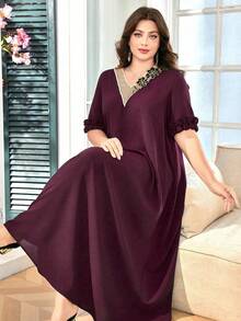 Lacomfia Vestido con cuello redondo, volantes en los puños y largo hasta el tobillo, de estilo árabe, en talla grande y de color liso - Burdeos - Ver 5