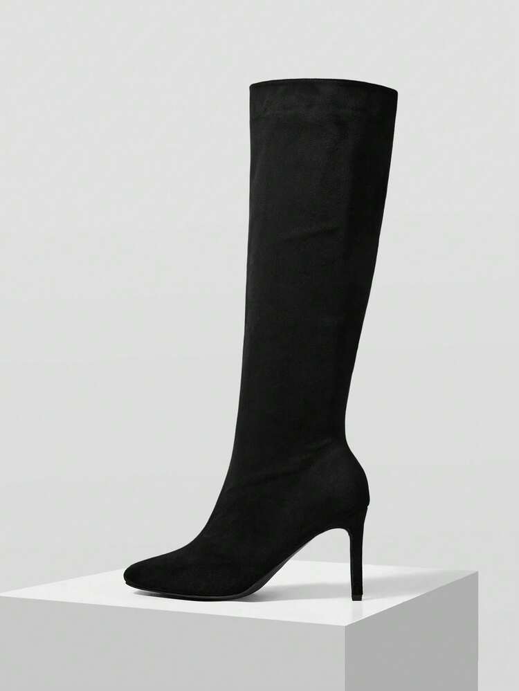 PLEATED PATENT LEATHER KNEE-HIGH RIDING BOOTS, SLIM TALL SHAFT STILETTO HEEL WOMEN BOOTS FOR CHRISTMAS