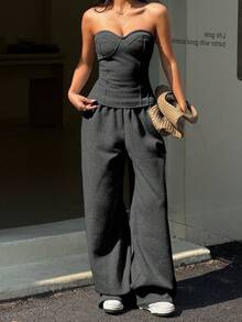 Flirla 女士极简主义卫衣和打底裤两件套 - 深灰色 - 查看 1