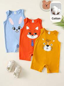 SHEIN 3pcs Newborn Unisex Baby Clothes,Cute Summer Knitted Cartoon Animal Rabbit Fox Pattern Sleeveless Romper,Multi-Color - Multicolor - View 3