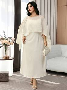Modelyn 大码女士优雅时尚派对度假风纯色3D立体花卉装饰披肩吊带裙 - 杏色 - 查看 5