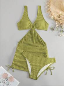 Swim Vcay Women's Solid Color Hollow Out Vacation Style Bikini Set - Green - View 6