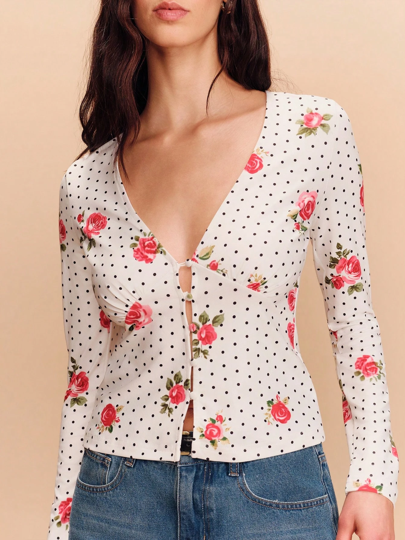 Fitted Long-Sleeve Floral Tee With Button Placket Spring Summer Vacation Office French Style Parisian Style