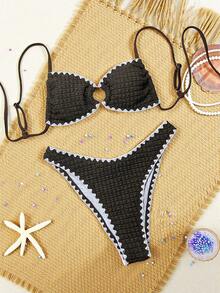 SHEIN Swim مجموعة ملابس سباحة كاجوال وجذابة للنساء، تتكون من بيكيني بنمط زهرة صدفة مع حلقة دائرية وحمالات رفيعة، مصنوعة من قماش جاكارد بنقشة فقاعات ذات لون أحادي، مناسبة للربيع والصيف - قهوة بني - مشاهدة 4