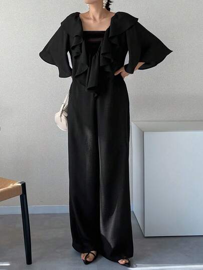 FRIFUL Women's Solid Color Pleated Ruffle Hem Loose Casual Jumpsuit, Suitable For Spring And Summer