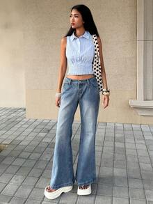 Elamini 女士无袖格子衬衫，创意纽扣设计，夏季新款 - 藍白色 - 查看 6