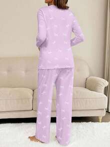 SHEIN 2pcs Maternity Bow Print Long Sleeve Top And Pants Set - Mauve Purple - View 2