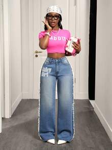 BamGleam Cowgirl Outfit, Non-Stretch Blue Embroidered Straight-Leg Pants, Spring Outfits For Women - Light Wash - View 6