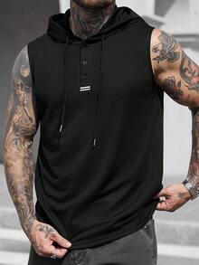 Manfinity CasualCool 男士纯色纯色简约连帽日常无袖针织背心，适合运动锻炼 - 黑色 - 查看 6