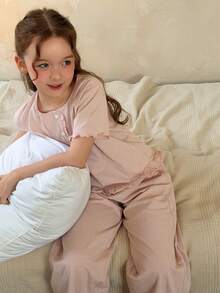 DAZY Tween Girl Striped Button Design Short Sleeve Top And Pants Pajama Set - Pink - View 7