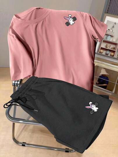 Manfinity Joysei 加大码男士T恤套装，粉色和深灰色撞色设计，趣味举重兔图案印花，休闲年轻风，适合日常穿着，夏季款