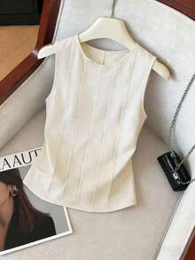 Franclia 女士夏季无袖褶皱纹理衬衫，无弹力圆领，简约竖褶工艺，通勤百搭日常穿着，舒适时尚上衣 - 杏色 - 查看 2