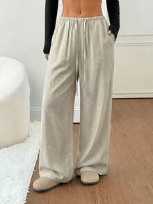 SHEIN PETITE 女士黑色纯色亚麻低腰直筒休闲裤，适合娇小身材，夏秋季穿着 - 杏色 - 查看 5