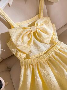 SHEIN 1pc Young Girl Summer New Off-Shoulder Spaghetti Strap Elastic Waist Ruffle Hem Dress, Lightweight Fabric With Embossed Pattern, Hollow Bowknot Back Design, Elegant & Versatile Beach Vacation Dress - Yellow - View 3