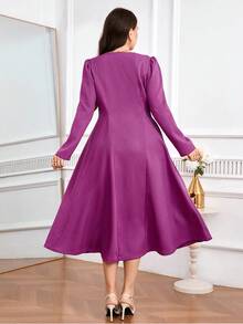Modelyn Plus Size Elegant Solid Color Double-Breasted Commuter Dress - Hot Pink - View 2