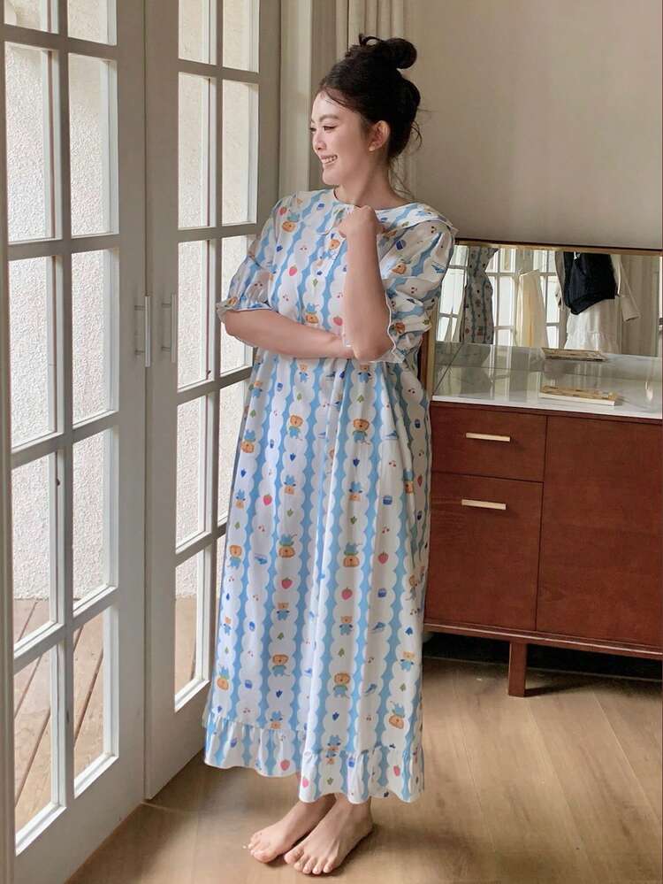 Dazy Plus Cartoon Print Pattern Peter Pan Collar Loose Casual Long Plus Size Women's Spring/Summer Nightgown