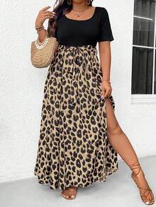 SHEIN Frenchy Plus Size Solid Color Leopard Patchwork Simple Daily Short Sleeve Dress For Women Fall Clothes - Multicolor - View 6