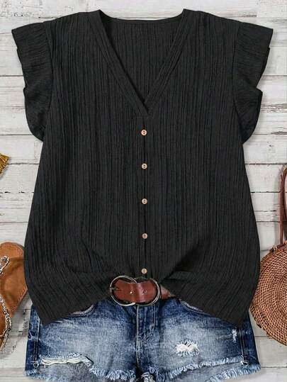 EMERY ROSE Plus-Size Textured Fabric Ruffled Shirt, Simple, Stylish, Casual, Everyday Summer Wear, Beachwear, Graduation Outfit, Brunch Outfit, St. Patrick's Day Spring Break Outfit, Elegant Vacation Wear, Casau Western Style Cute Bohemian Beach Spring Wear, Brunch Outfit, Retro Tropical Vacation Women's Wear.