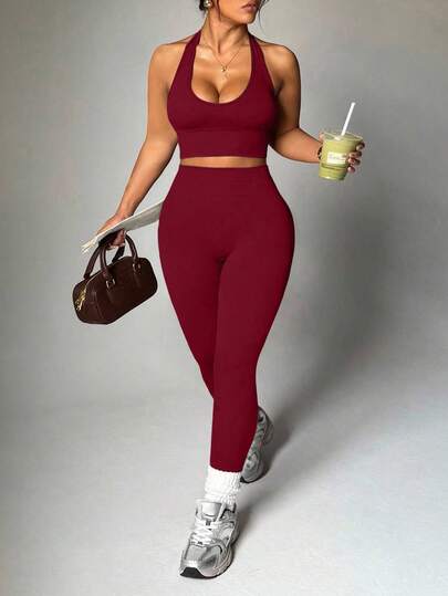 Easithlete Plus Size Women Sexy Minimalist Solid Color Backless Halter Top And High Waist Leggings Sports Suit