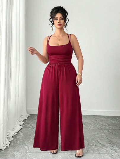 Elenzga Plus Size Red Solid Color Minimalist Casual Jumpsuit Plus Size Palazzo Jumpsuit Going Out Outfits Summer Outfits