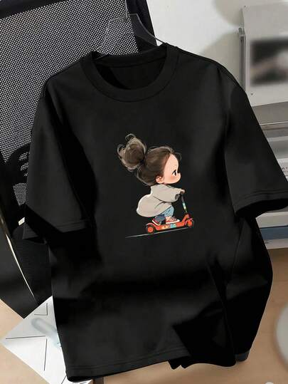 EMERY ROSE 治愈系活力女孩骑滑板车图案印花休闲加大码T恤