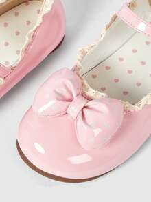 ROMWE Kawaii Giày bệt nữ thời trang trong suốt đính nơ, kiểu Mary Jane, giày da nhỏ xinh, giày lười đế mềm, giày đi váy. - Ren da sáng màu hồng - Xem 2