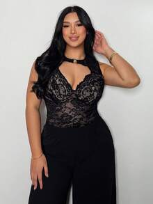 Firerie 大码女式黑色蕾丝透视性感钥匙孔领吊带背心，扇形蕾丝，性感浪漫蕾丝，Y2K风格上衣，适合春夏秋季穿着，优雅百搭，通勤、约会、派对、婚礼季、毕业典礼、舞会、演出、音乐会、工作装、返校季、年会、女士生日、假日等场合。 - 黑色 - 查看 8