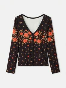 lacRébo Vintage Fitted Button-Up Top With Rose Floral Print, Spring Summer Office - Black - View 7