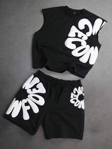 SLATEMANN 男士休闲字母印花圆领背心短裤套装，夏季 - 黑色 - 查看 5