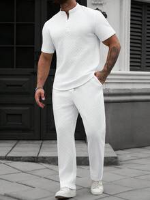 Manfinity Homme Bộ đồ nam gồm áo sơ mi tay ngắn cổ tàu cài khuy nửa thân và quần dài túi xéo màu trơn. - trắng - Xem 4