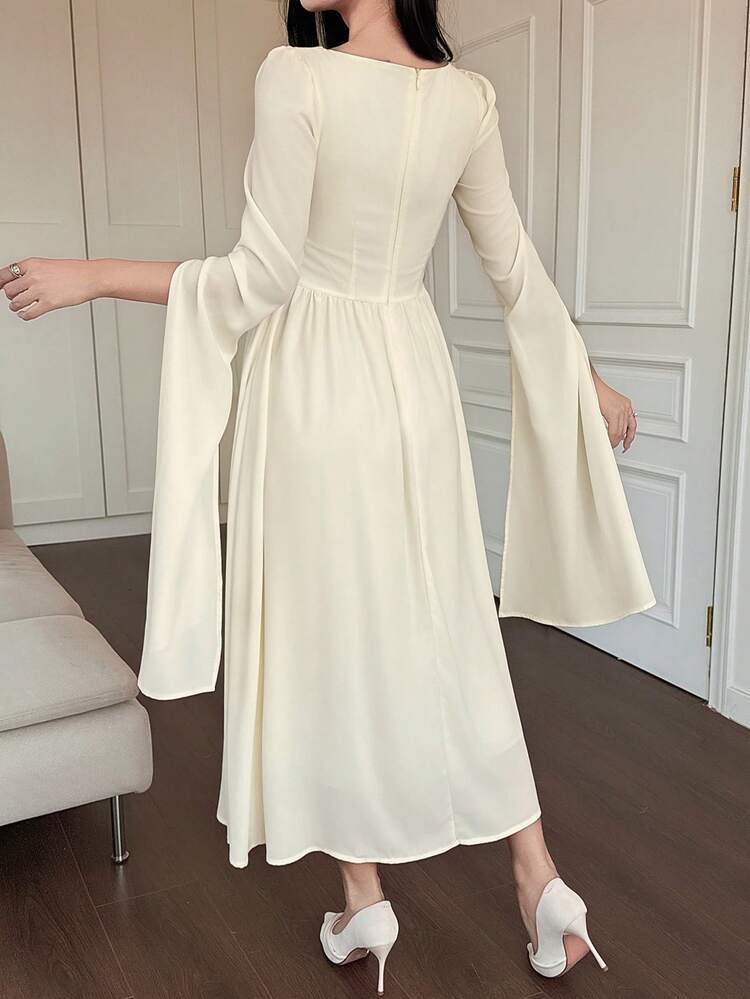 Women's Elegant Solid Color Asymmetric Shoulder Collar Extra Long Sleeve Split Hem Mid-Length Dress, Spring/Summer Wedding Guest Dress Sundress
