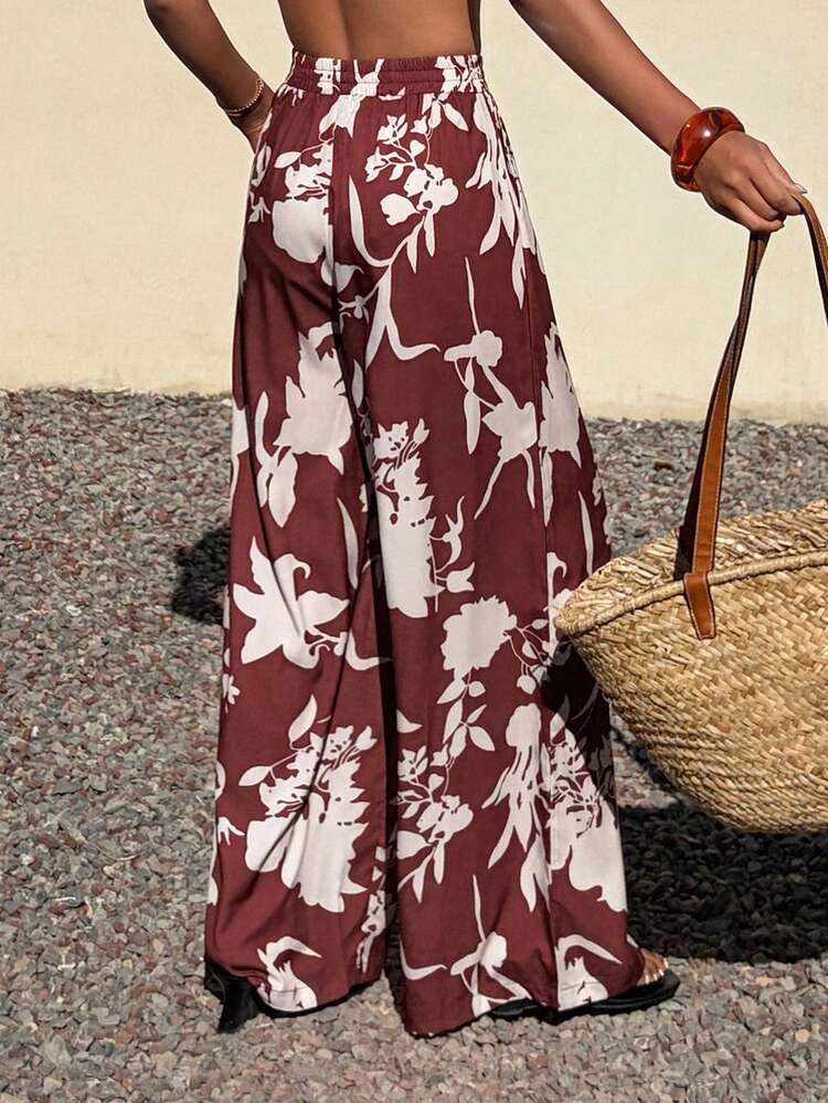 Burgundy Vintage Floral Print High Waist Wide Leg Casual Vacation Pants For Women